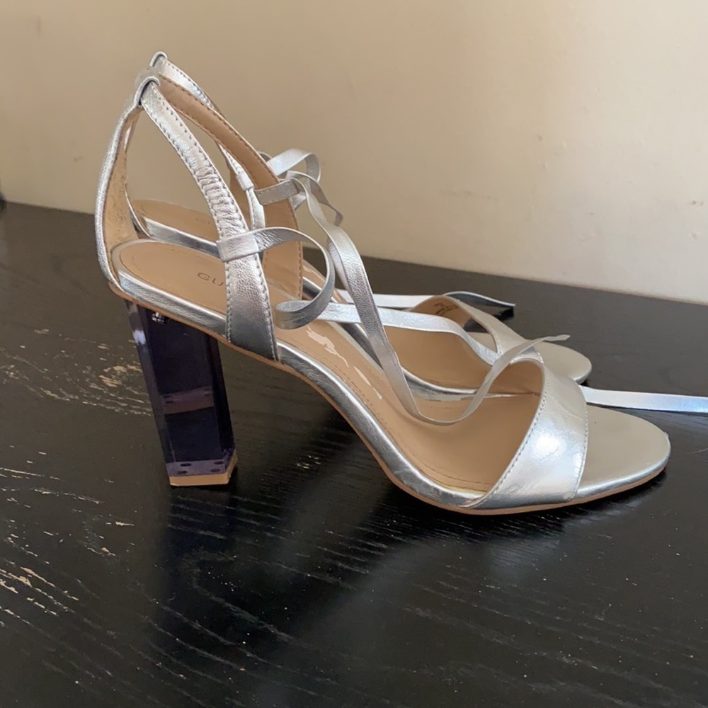 GUNMETAL Drea Silver Ankle Tie Clear Heels Sz 9.5 - Picture 8 of 16